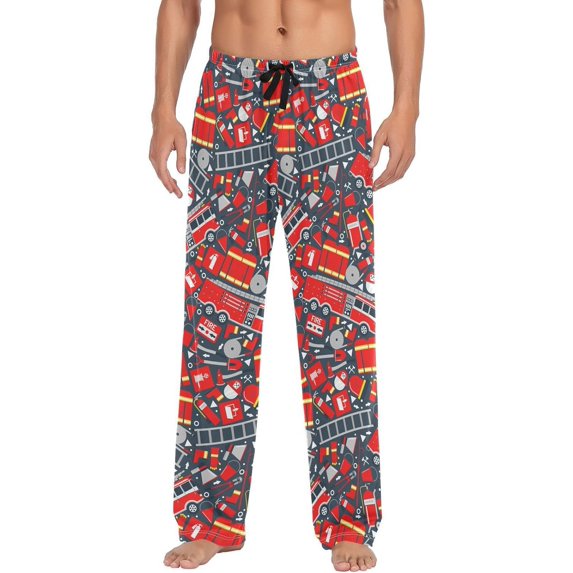 GZHJMY Pajama Pants for Men - Cartoon Firetruck, Loose Lightweight PJs Lounge Sleep Bottoms with Pockets Drawstring, Pajama Bottoms for Home and Rest, Medium