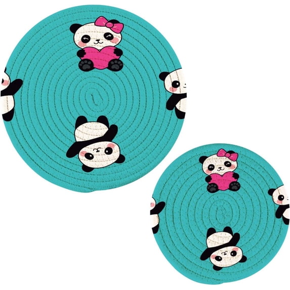 GZHJMY Panda with A Heart Trivets Pot Holders Set and Placemats Set, Set of 2 Hot Pads, Table Mats for Cooking and Baking, Cotton Braided Hot Pads