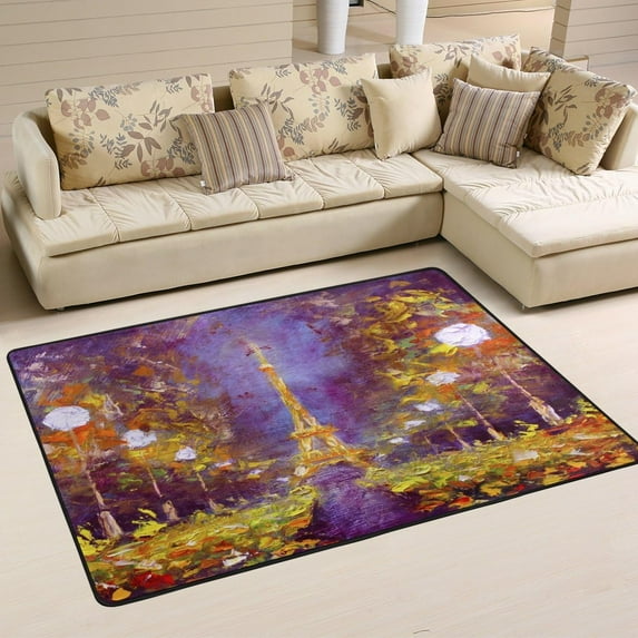 GZHJMY Paris Area Rug 4'x6', Oil Painting Eiffel Tower in Night France Polyester Area Rug Mat for Living Dining Dorm Room Bedroom Home Decorative
