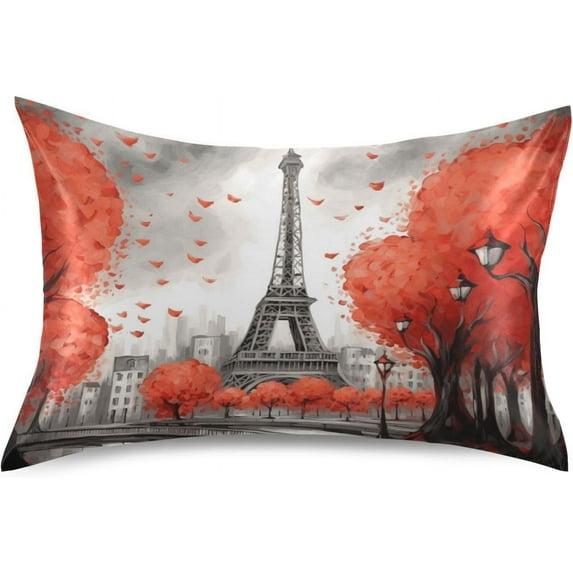 GZHJMY Paris Eiffel Tower Satin Pillowcase, Soft Breathable Silk Pillow Case with Envelope Closure for Hair and Skin, Queen Size 30 x 20 Inch Home Decor