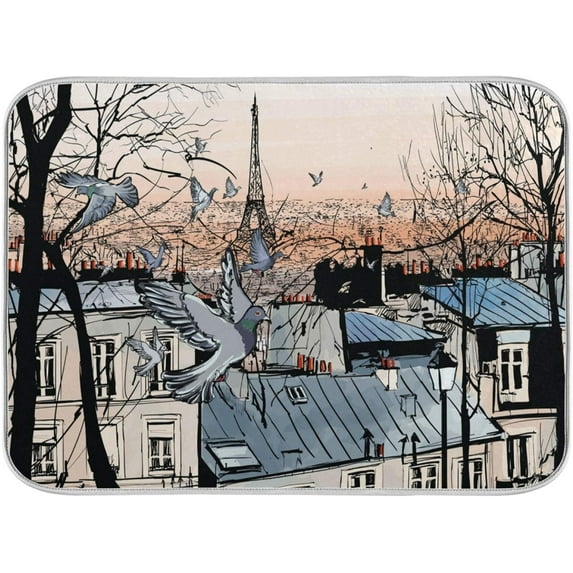 GZHJMY Paris Montmartre Eiffel Tower Dove Absorbent Dish Drying Mat Microfiber Kitchen Countertop Table Protector Multi-Purpose Counter Rack Sink Drainer Pad (16" x 18")