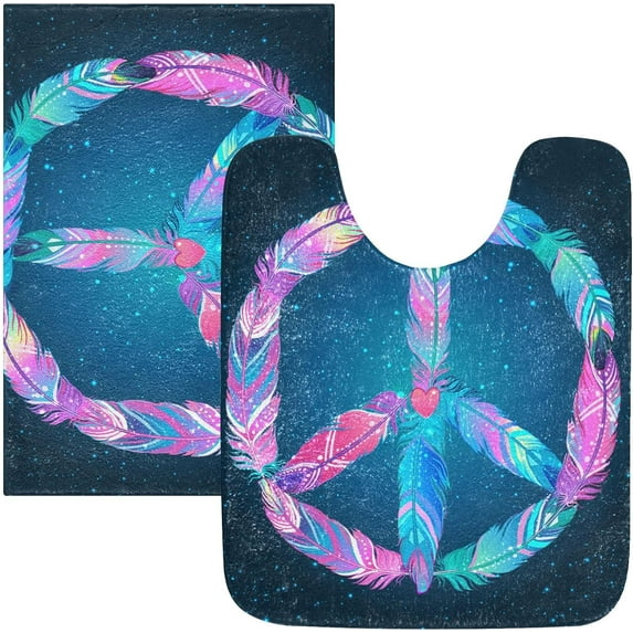 GZHJMY Peace Sign Made of Colored Bird Feather Bath Mat for Bathroom Shower U Shape Toilet Rugs Contour Carpet Set, Fluffy Absorbent & Machine Washable, 2 Piece Carpet Runner