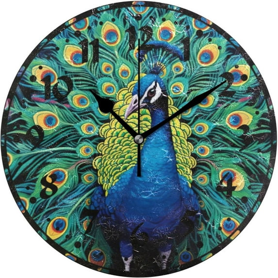 GZHJMY Peacock Painting Wall Clock, Silent Non Ticking 10 Inch Battery Operated Wall Clocks, Easy to Read Clock for Home Kitchen Living Room Bathroom Office Decor