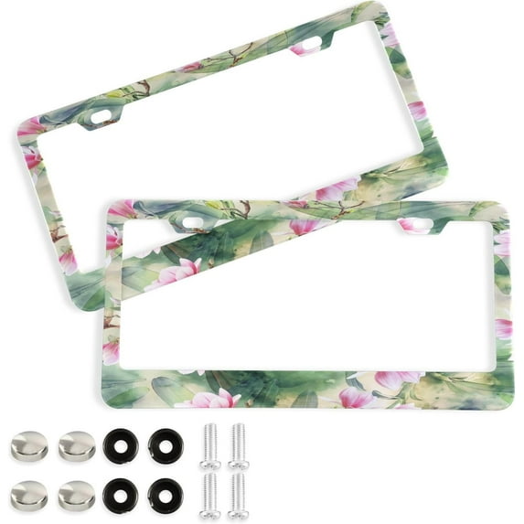 GZHJMY Pink Flower License Plate Frames Set of 2, Universal Aluminum License Plate Holders 2 Holes Car Tag Frames Automotive Exterior Accessories with Screw Caps Decorative