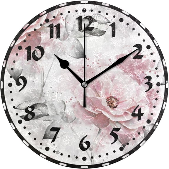 GZHJMY Pink Flowers Wall Clock, PVC Silent Non Ticking 10 Inch Battery Operated Wall Clocks, Easy to Read Clock for Home Kitchen Living Room Bathroom Office Decor