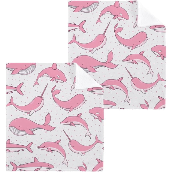 GZHJMY Pink Whales Wash Cloth Set of 2, 12 x 12 Inch Cotton Baby Washcloths Absorbent and Super Soft Feel Fingertip Towel Face Towels for Bathroom, Gym, Spa