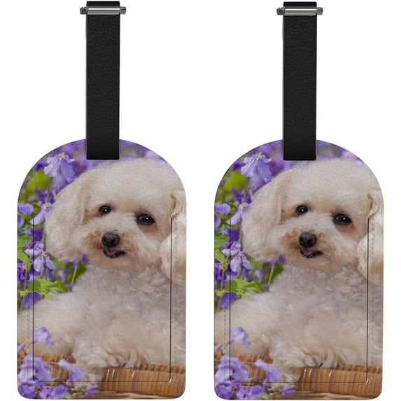 GZHJMY Poodle Dog with Purple Flowers Luggage Tags Set of 2, PU Leather Travel ID Label with Privacy Name Card Cover for Travel Bag Suitcase Decoration
