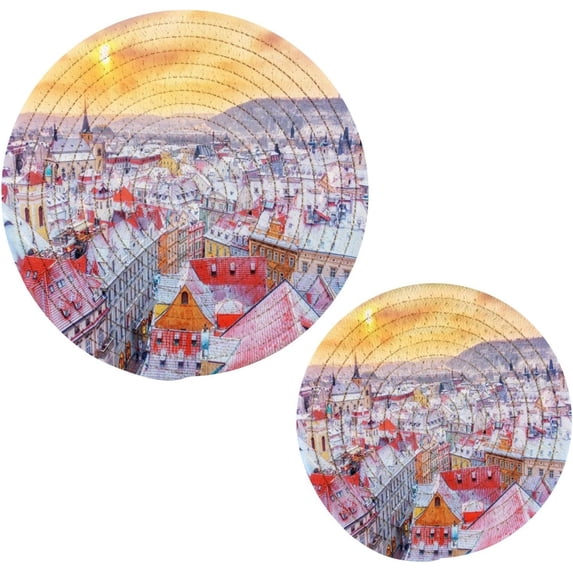GZHJMY Prague at Christmas Trivets Pot Holders Set of 2, Hot Pads, Table Mats,Placemats Set for Cooking and Baking, Cotton Braided Hot Pads, 7.09"+9.45"