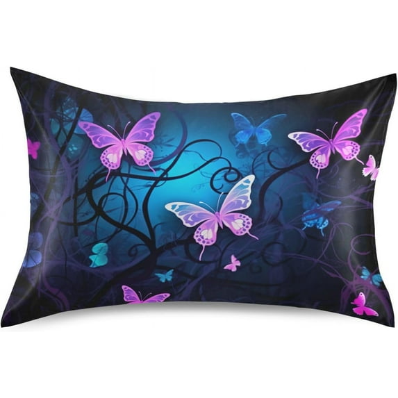 GZHJMY Purple Blue Butterfly Satin Pillowcase, Soft Breathable Silk Pillow Case with Envelope Closure for Hair and Skin, King Size 40 x 20 Inch Home Decor