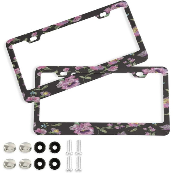 GZHJMY Purple Butterfly Flowers License Plate Frames Set of 2, Universal Aluminum License Plate Holders 2 Holes Car Tag Frames Automotive Exterior Accessories with Screw Caps Decorative