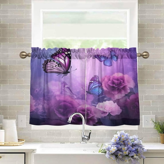 GZHJMY Purple Flowers and Butterflie Half Window Tier Curtains 24 Inch Blackout Thermal Insulating Kitchen Linen Tier Curtains for Kitchen,Bathroom,Cafe