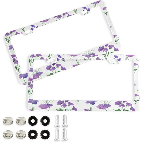 GZHJMY Purple Flowers License Plate Frame 2 Pack 2 Holes Car Aluminum License Plate Holder Automotive Parts Decoration Universal with Screw Caps Cover