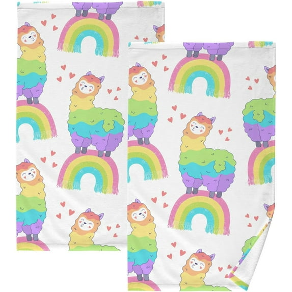 GZHJMY Rainbow Llama Cute Alpaca Heart Cotton Towels Set 2 Pcs Absorbent Hand Towel Face Towels Kitchen Towels Bath Towels for Bathroom Laundry Room Kitchen 16 x 28 Inches