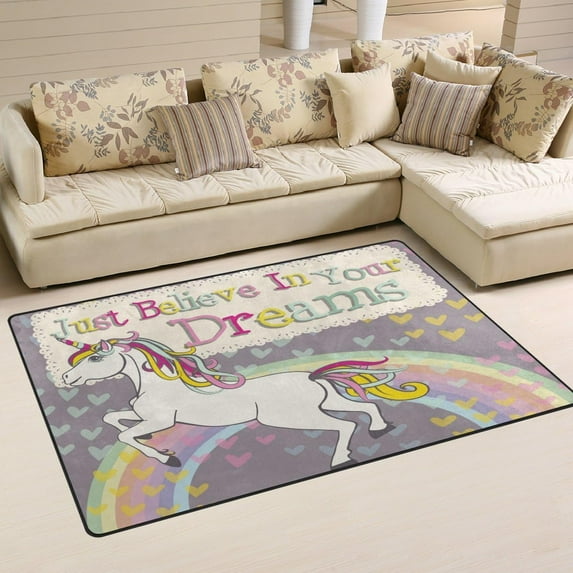GZHJMY Rainbow Unicorn Area Rug 4'x6', Inspirational Motivational Quote Polyester Area Rug Mat for Living Dining Dorm Room Bedroom Home Decorative