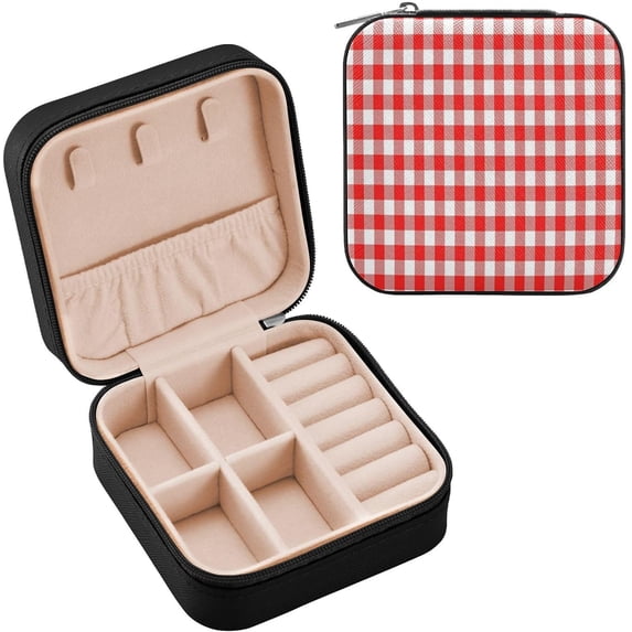 GZHJMY Red Checkered Gingham Travel Jewelry Box, PU Leather Small Jewelry Organizer Boxes for Women Girls, Mini Portable Jewerly Storage Display Holder for Earrings, Ring, Necklaces, Bracelets(205)