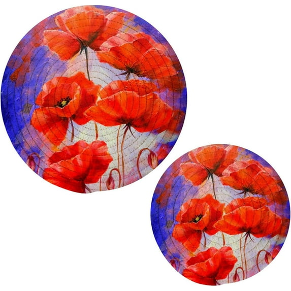 GZHJMY Red Poppy Flower on Purple Oil Painting Floral Print Pot Holders Trivets Set of 2 Round Cotton Thread Weave Potholders for Kitchens Hot Pads Table Mats Coasters for Hot Dishes