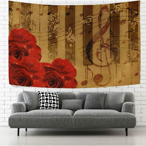 GZHJMY Red Rose Vintage Music Notes Wall Tapestry Tapestry Wall Hanging Decorative Tapestries Wall Blanket Bedding Tapestry for Bedroom Living Room Dorm 90"x60" Gift Decor