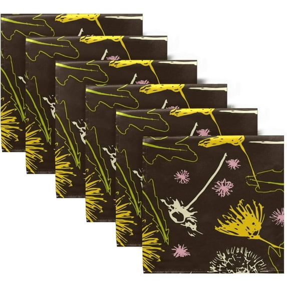 GZHJMY Retro Floral Dandelions Cloth Napkins Washable Reusable Polyester Dinner Napkins 20 x 20 Inch for Home Weddings Parties Holiday Table Napkins Set of 6