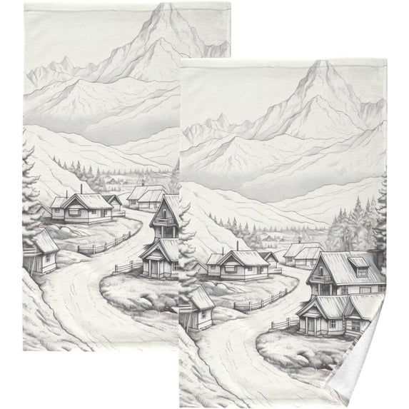 GZHJMY Retro Mountain Village Hand Towels Set of 2 Pack - 16 x 28 Inches Extra Absorbent Pure Washcloth Towels, Super Soft Hand Towel for Bathroom, Hotel, Kitchen, Gym
