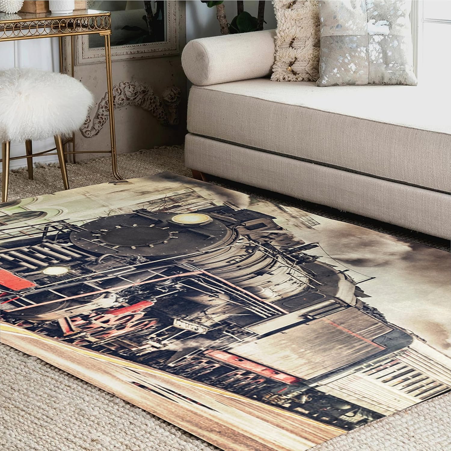 GZHJMY Retro Steam Train Area Rug Living Room Rugs 5'3" x4 Abstract
