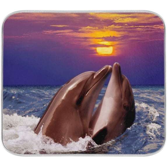 GZHJMY Romantic Ocean Couple Dolphin Absorbent Dish Drying Mat, 16 x 18 Inches Microfiber Kitchen Countertop Table Protector Multi-Purpose Counter Rack Sink Drainer Pad