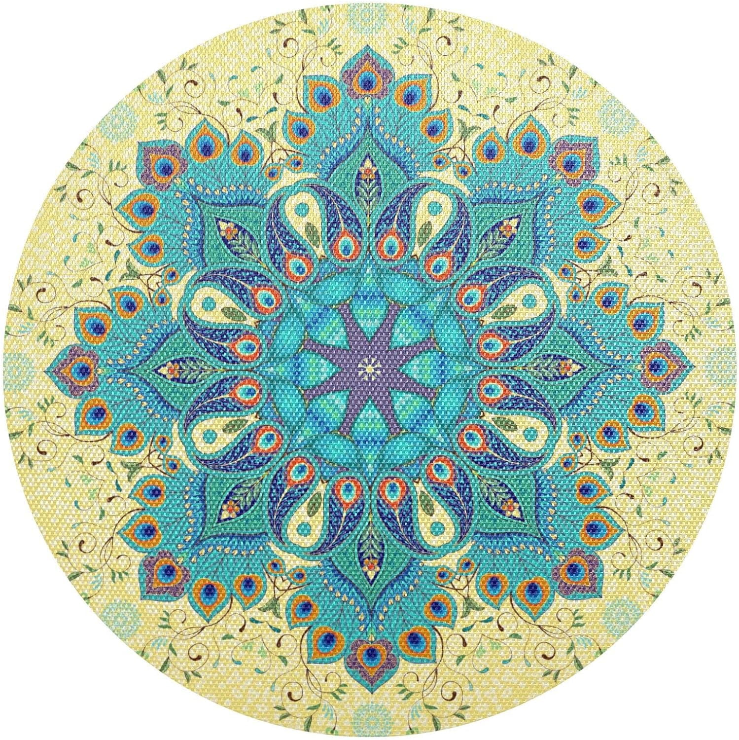 GZHJMY Round Braided Placemats Paisley Peacock Feathers Round PVC Woven