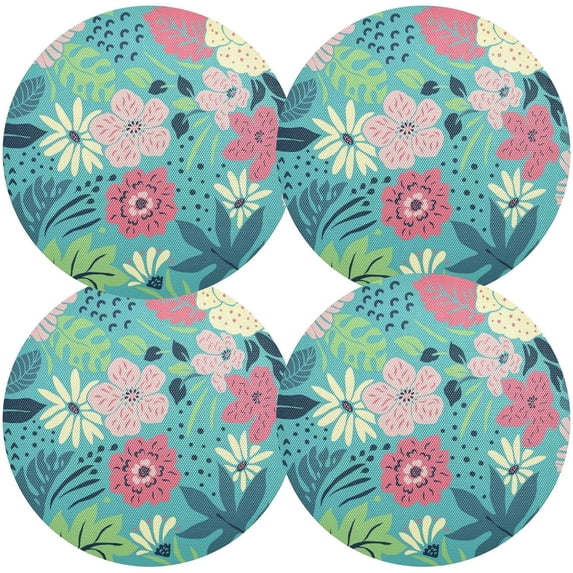GZHJMY Round Braided Placemats Set of 4 Palm Leaf Flower Hawaii Round PVC Woven Place Mats Indoor Washable for Kitchen Dining Tables 15 inch Heat Resistant Round Table Mats