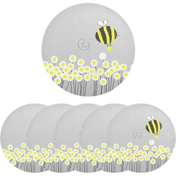 GZHJMY Round Braided Placemats Set of 6 Bumblebee Blooming Daisies Round PVC Woven Place Mats Indoor Washable for Kitchen Dining Tables 15 inch Heat Resistant Round Table Mats