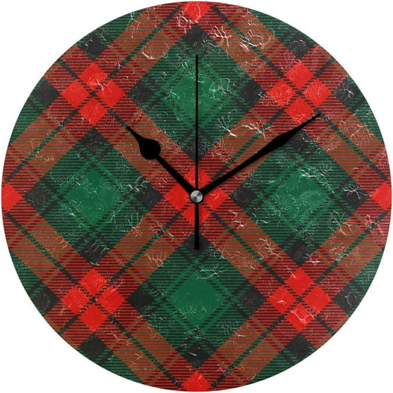 GZHJMY Round Digital Clock Christmas Red Plaid Creative Decorative Quiet Not Ticking Clock,Bedroom Living Room Bathroom Kitchen Office Wall Ornament (Black 10x10In)