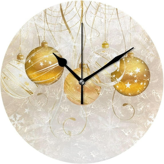 GZHJMY Round Digital Clock Gold Christmas Balls Creative Decorative Quiet Not Ticking Clock,Bedroom Living Room Bathroom Kitchen Office Wall Ornament (Black 10x10In)