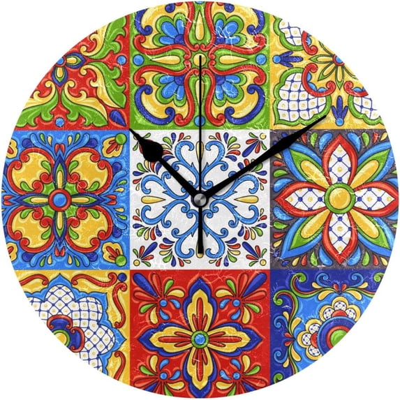 GZHJMY Round Digital Clock Mexican Ceramic Tile Pattern-1 Creative Decorative Quiet Not Ticking Clock,Bedroom Living Room Bathroom Kitchen Office Wall Ornament (Black 10x10In)