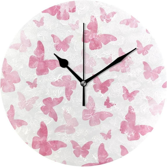 GZHJMY Round Digital Clock Watercolor Pink Butterfly Creative Decorative Quiet Not Ticking Clock,Bedroom Living Room Bathroom Kitchen Office Wall Ornament (Black 10x10In)