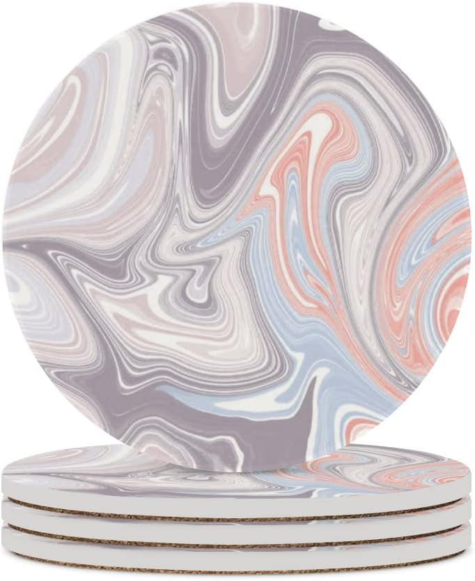 ZHONGJI Set Of 4 Absorbent Ceramic Coasters With Cork Backing – 3.9 Inch Round, Abstract Purple Pattern, Great For Drinks & Gifts