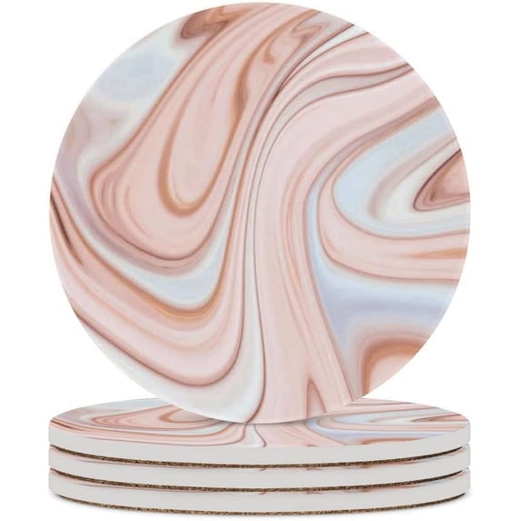GZHJMY Round Drink Coasters, 4 Pcs Pink Brown Marble Ink Pattern Absorbent Ceramic Coffee Coasters for Drinks with Cork Base Housewarming Gift for Home Decor