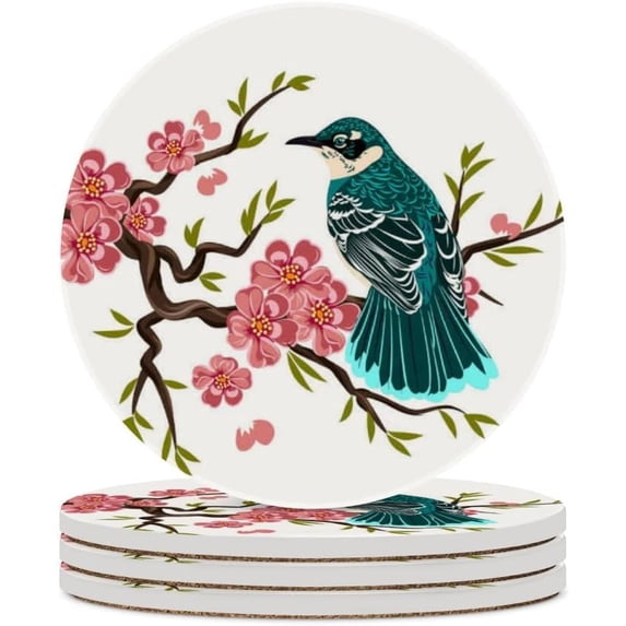 GZHJMY Round Drink Coasters, 6 Pcs Bird Sitting on a Branch of Cherry Blossoms Absorbent Ceramic Coffee Coasters for Drinks with Cork Base Housewarming Gift for Home Decor