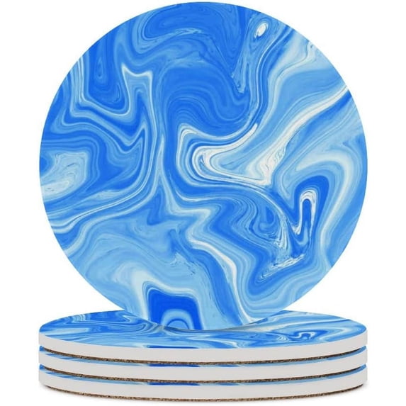 GZHJMY Round Drink Coasters, 6 Pcs Decorative Blue White Marble Texture Absorbent Ceramic Coffee Coasters for Drinks with Cork Base Housewarming Gift for Home Decor