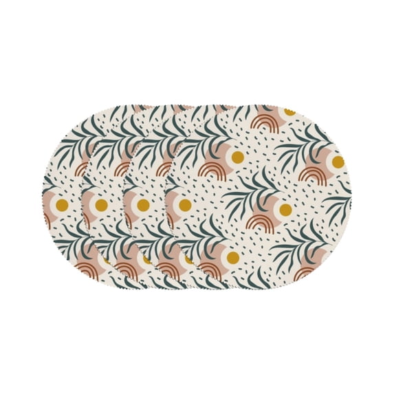 GZHJMY Round Placemats Set, Hand Drawn Leaves Geometric Pattern Washable Waterproof Coffee Mats Place Mats Indoor, Heat Resistant Table Mats Coasters for Kitchen Dinning Room