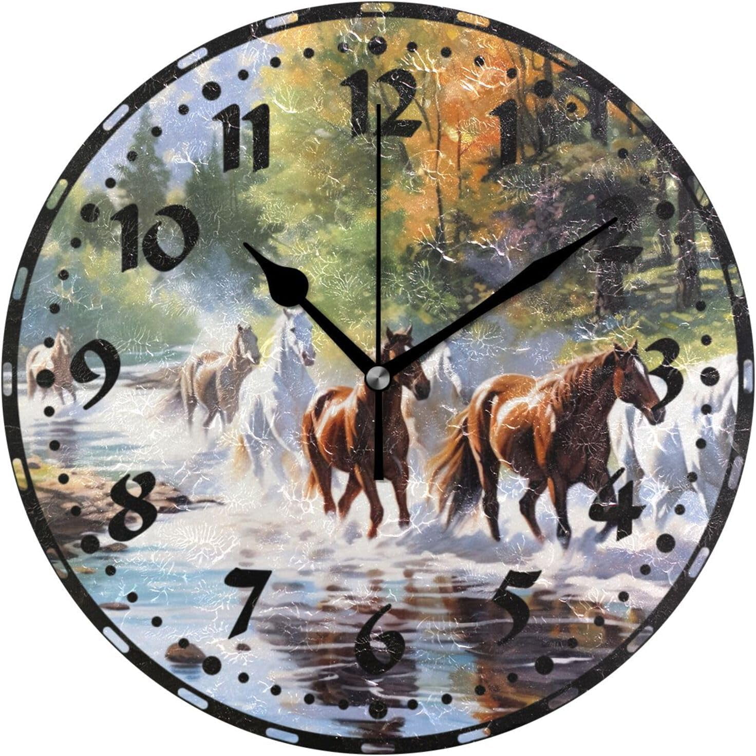 GZHJMY Running Horses Painting Wall Clock, PVC Silent Non Ticking 10 ...
