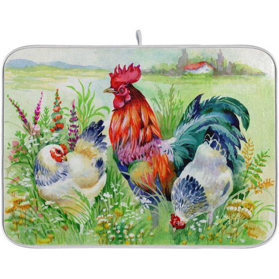 GZHJMY Rural Grass Chicken Rooster Easter Absorbent Dish Drying Mat Microfiber Kitchen Countertop Table Protector Multi-Purpose Counter Rack Sink Drainer Pad (16 x 18 Inches)