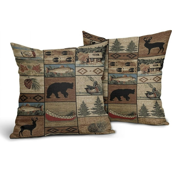 GZHJMY Rustic Bear Pillows Cover Wildlife Deer Moose Throw Pillow Case 18x18 inch Wild Animal Cotton Linen Cabin Decorative Cushion Pillowcover for Home Couch Bedroom Outdoor (Set of 2)