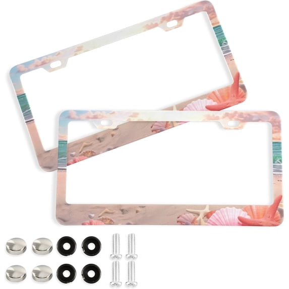 GZHJMY Sandy Beach License Plate Frames 2 Pack Aluminum License Plate Holder Universal Car License Plate Covers with Screw Caps Decorative
