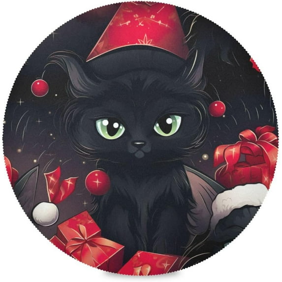 GZHJMY Santa Hat Cat Round Placemats 15.4in, Washable Heat Resistant Table Mats for Dining Tables Kitchen Wedding Party Decoration Plate Mats Set of 4 Table Mat