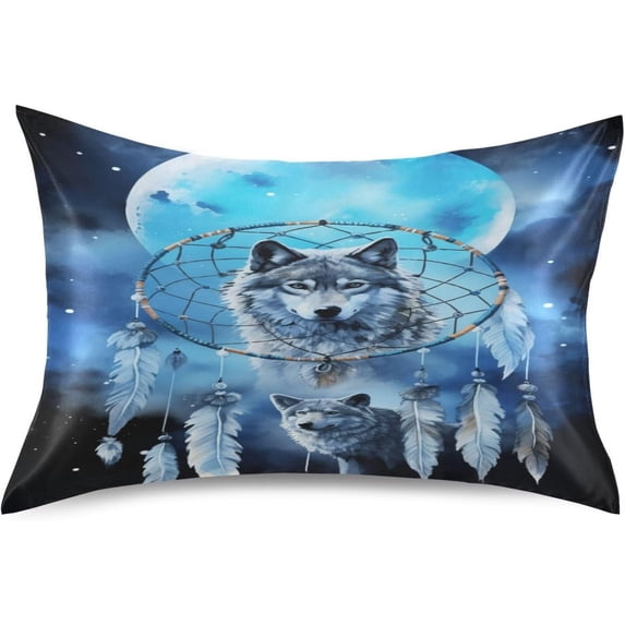GZHJMY Satin Pillowcase for Hair and Skin Breathable Slip-Cool, Wrinkle-Resistant Soft and Smooth 20x30In Single Side Envelope Opening Without Zipper Wolf Dream Catcher