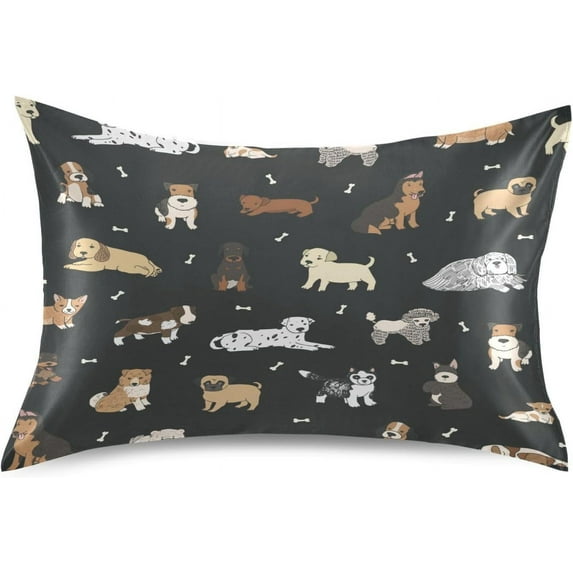 GZHJMY Satin Pillowcase for Hair and Skin, Cute Dogs Cooling Pillow Case with Envelope Closure Soft Breathable Silk Satin Pillow Cover for Sleeping Standard Size 26x20 in Home Decor