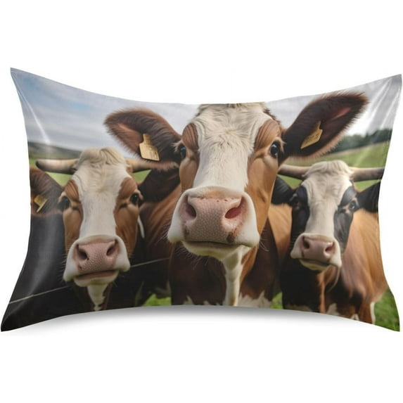 GZHJMY Satin Pillowcase for Hair and Skin, Funny Cows Cooling Pillow Case with Envelope Closure Soft Breathable Silk Satin Pillow Cover for Sleeping Standard Size 26x20 in Home Decor