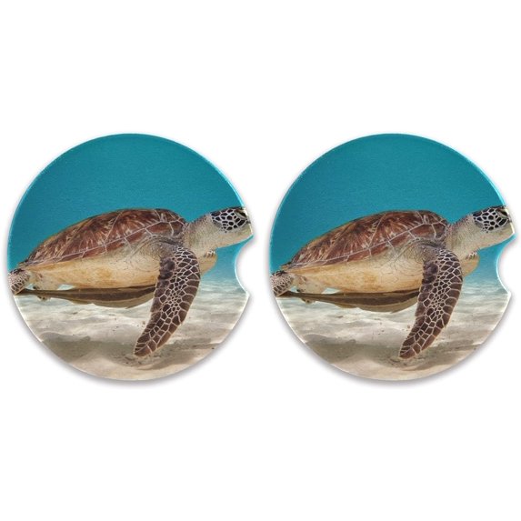 GZHJMY Sea Turtle Sand Animals Car Coasters 2 Pieces, Absorbent Ceramic Cork Base Car Coasters, Drink Cup Holder Coasters, with Finger Notches, Easy to Remove and Clean
