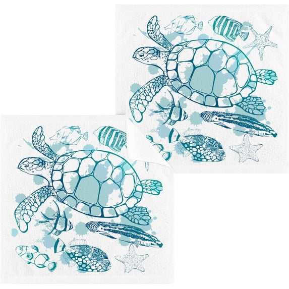 GZHJMY Sea Turtle Starfish Cotton Wash Cloths, Facial Cleansing Cloths Super Soft Absorbent Face Hand Towel Fingertip Towel Washcloths Set of 2, 12 x 12 inch