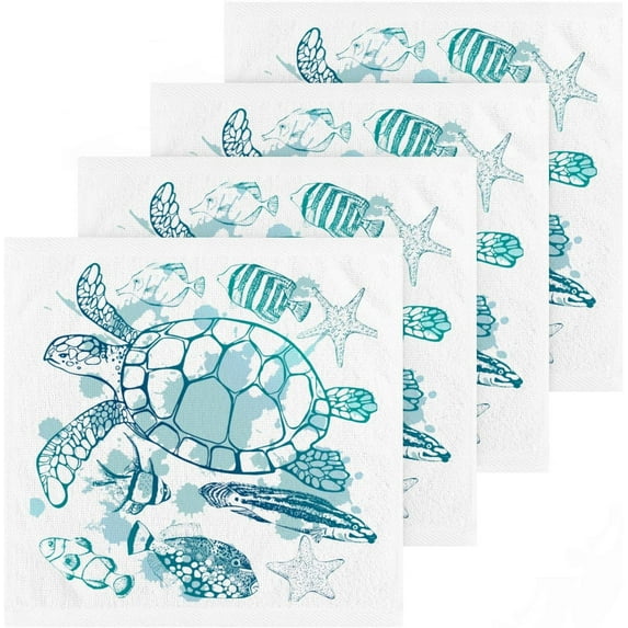 GZHJMY Sea Turtle Starfish Cotton Wash Cloths, Facial Cleansing Cloths Super Soft Absorbent Face Hand Towel Fingertip Towel Washcloths Set of 4, 12 x 12 inch