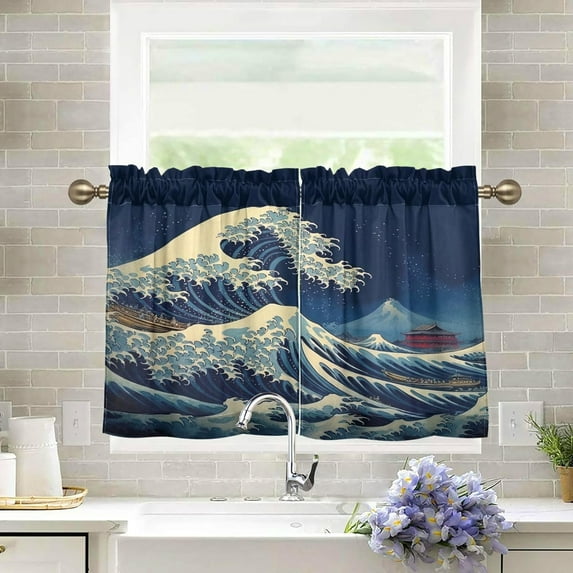 GZHJMY Sea Wave Half Window Tier Curtains 36 Inch Blackout Thermal Insulating Kitchen Linen Tier Curtains for Kitchen,Bathroom,Cafe