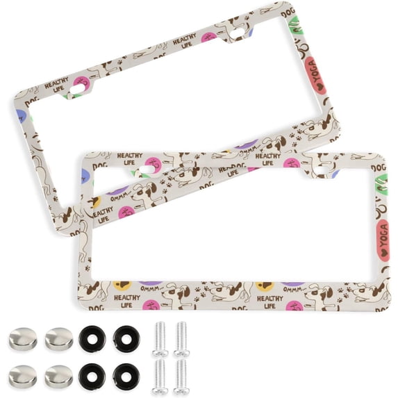 GZHJMY Seamless Pattern with Dog License Plate Frames for Women Men 2 Pcs Personalized Car License Plate Holder with Screw Caps, Round Hole Decorative